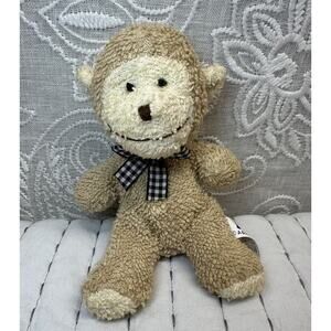 Terry Cloth Stuffed Monkey Plush 7” Bean Black Gingham Bow Plaid Brown A&A Inc
